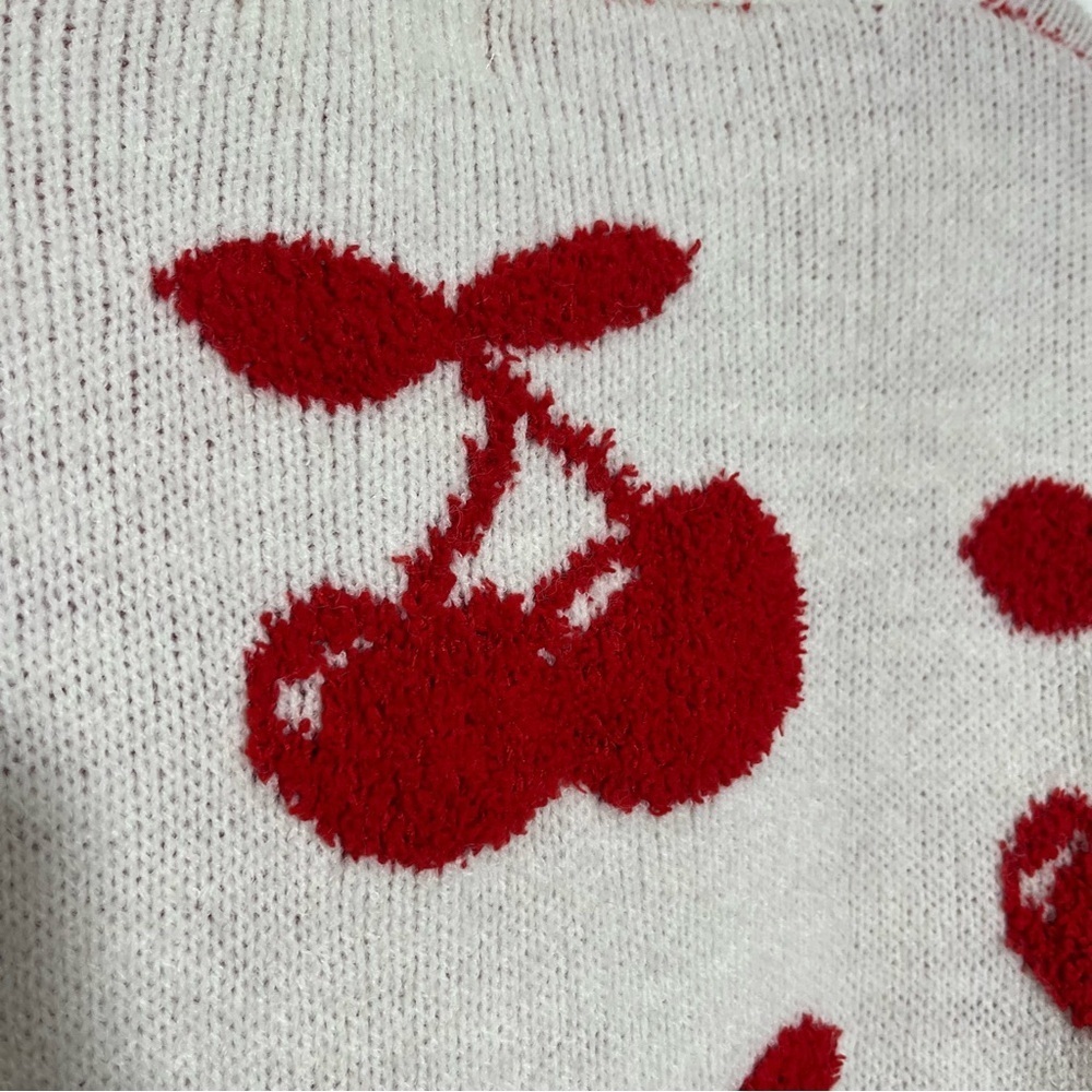 ALTAR’D STATE Cherry Print White V-Neck Distressed Sherpa Sweater | size small - Picture 9 of 10